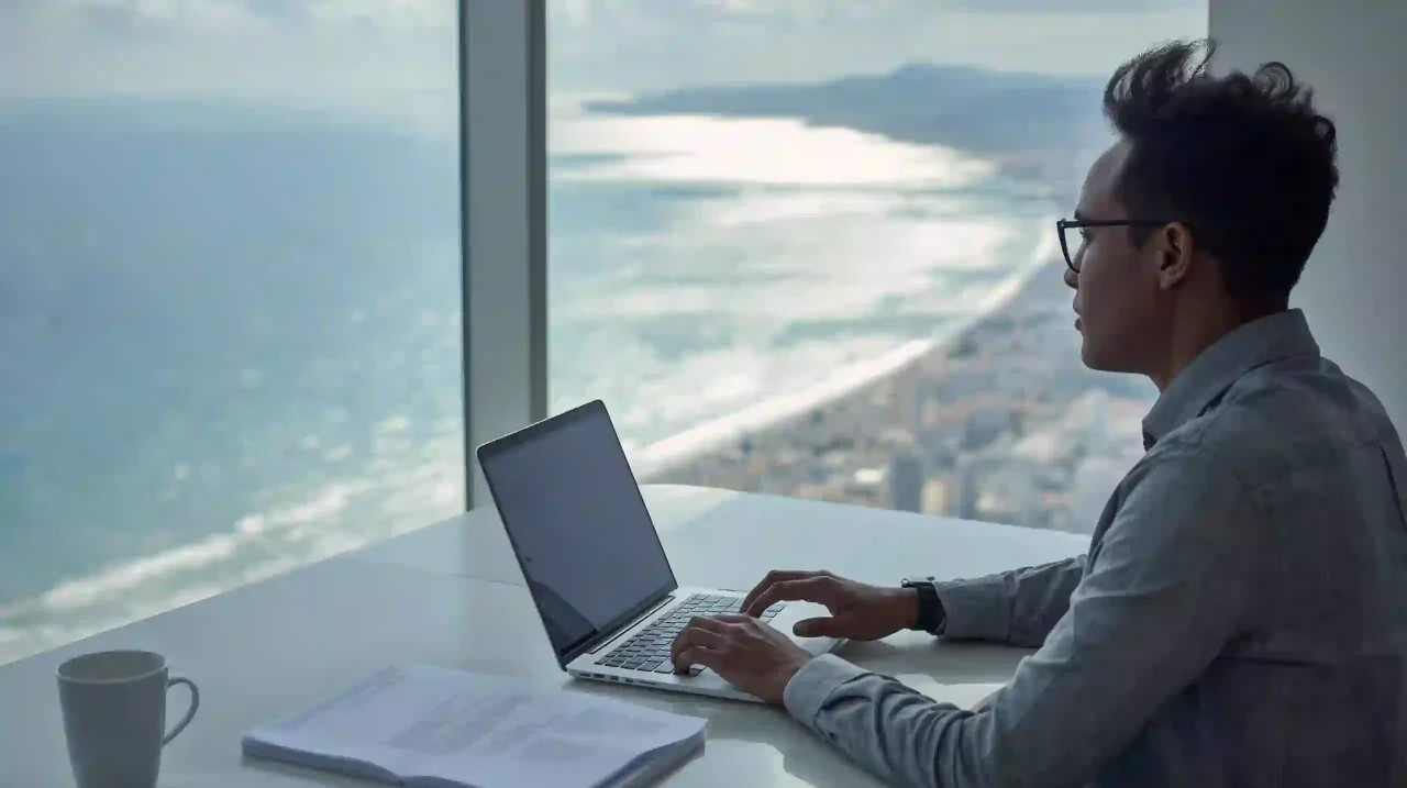 Baby in Brazil — Digital Nomad: laptop in coworking, ocean/city view, photorealistic.