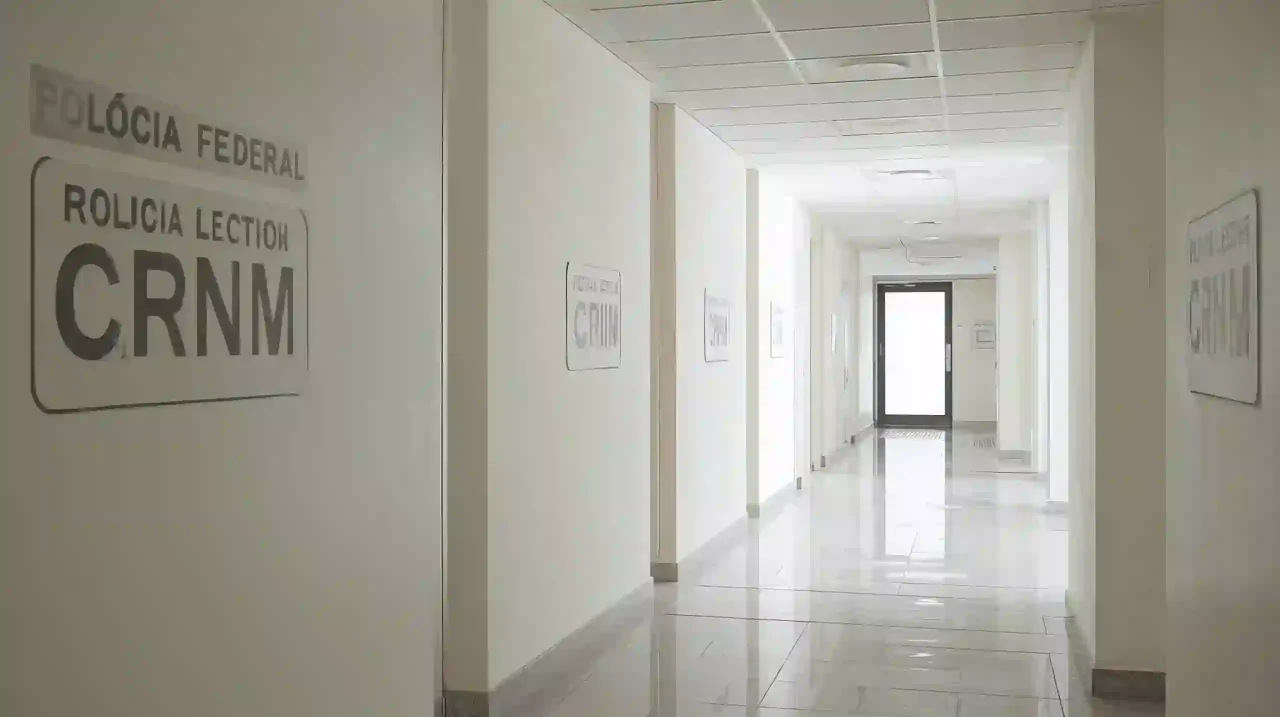 Baby in Brazil — CRNM registration: Brazil Federal Police corridor, neutral signage, photorealistic.