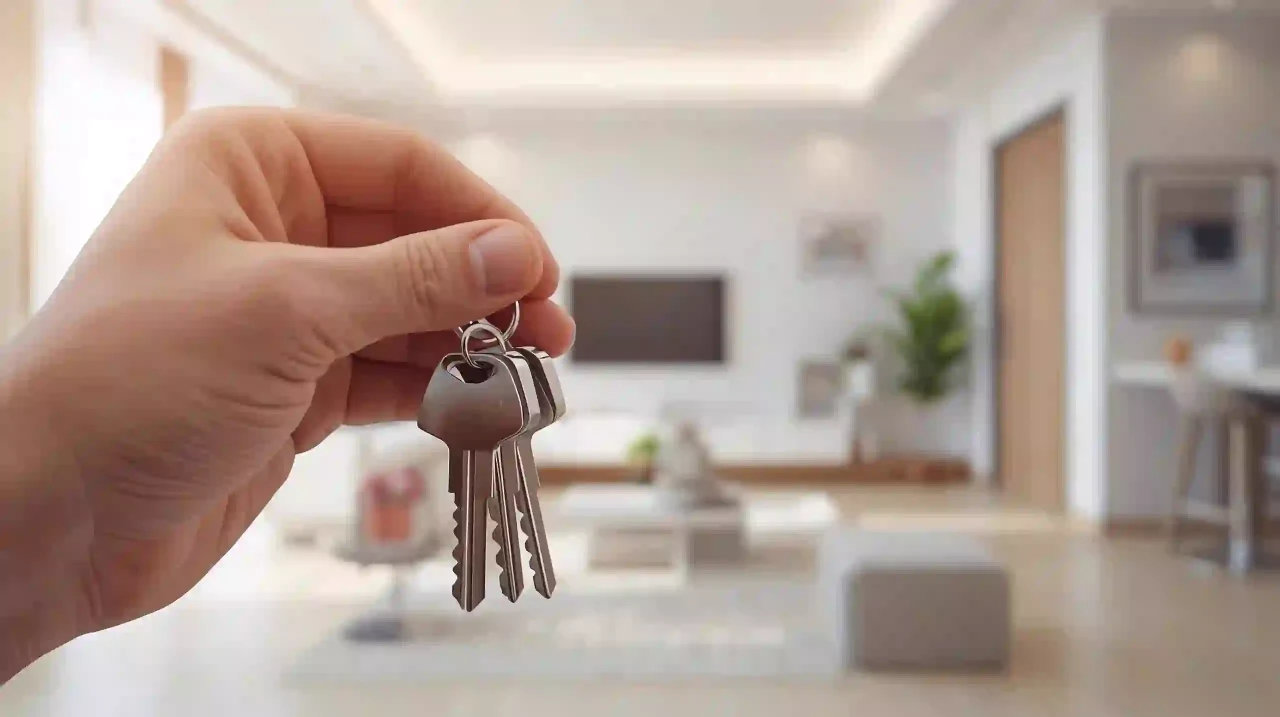 Baby in Brazil — Real estate PR: keys in hand with a blurred modern interior, photorealistic.