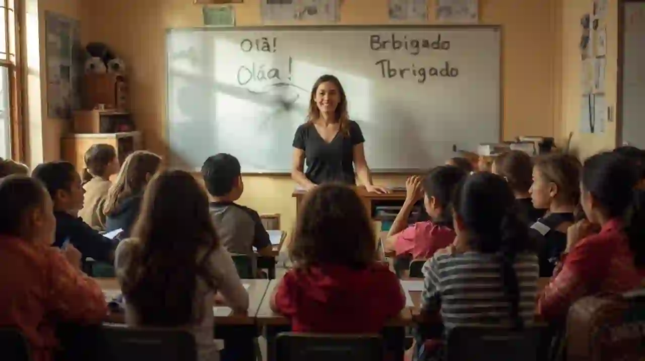 Students learning Brazilian Portuguese in a classroom